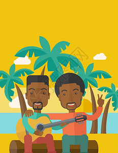两个人吵架两个快乐的非裔男人坐在木头上在海滩弹吉他插画