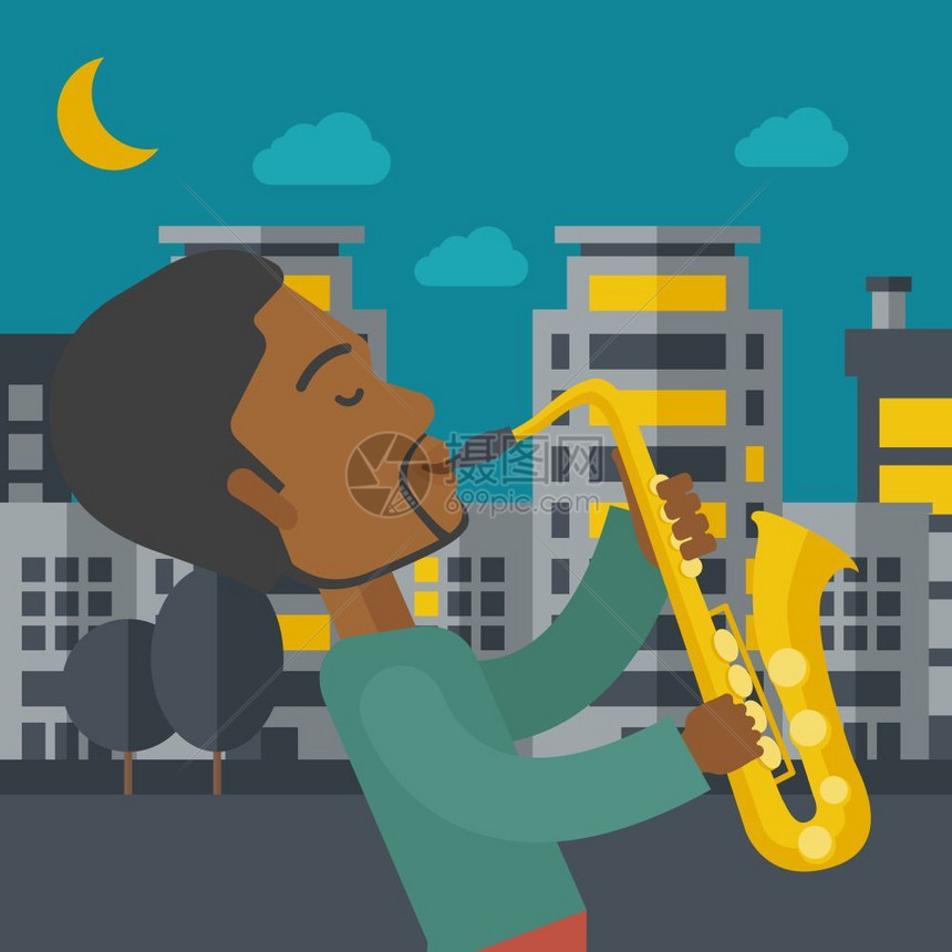 音乐人吹萨克斯夜晚城市建筑插画图片