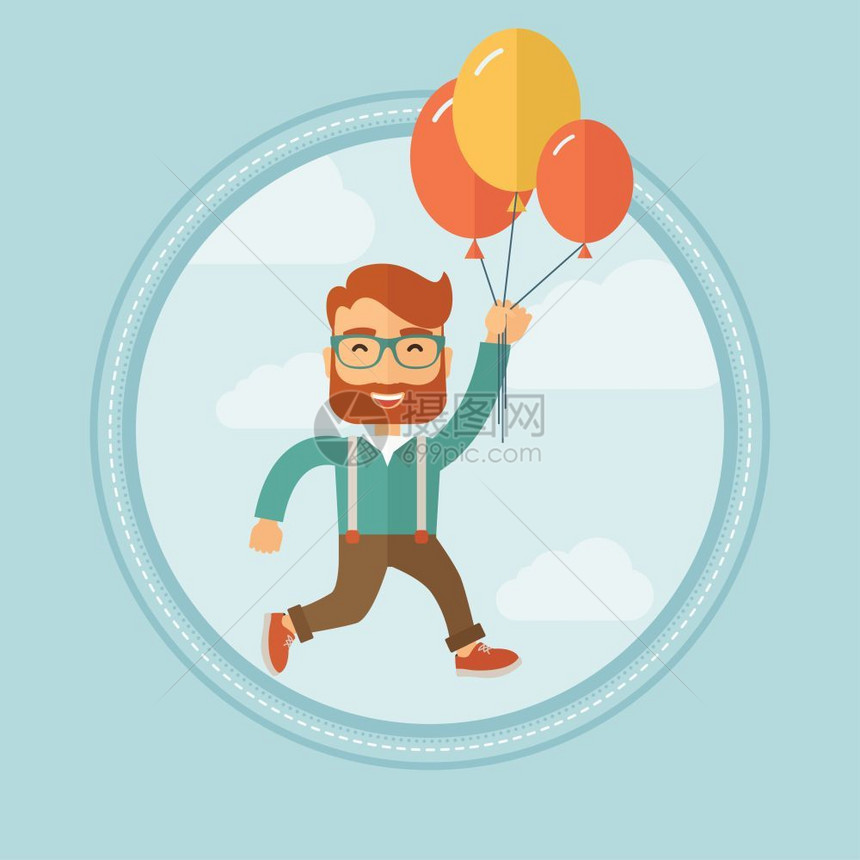 拿着一堆多彩气球快乐飞行的男青年卡通矢量插画图片