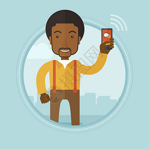 在城市背景前使用移动电话的非洲男子卡通矢量插画图片