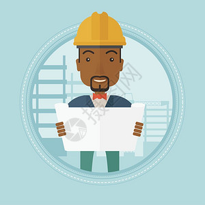 在建筑工地上查看蓝图的非洲男工程师卡通矢量插画图片