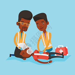 正在对受伤男子进行抢救的非洲救援队卡通矢量插画背景图片