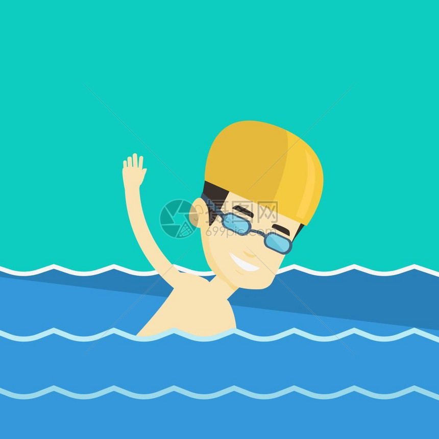 戴帽子和眼镜的年轻运动员在游泳池中游泳图片