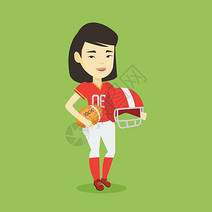 全身穿制服的年轻微笑橄榄球女运动员卡通矢量插画图片