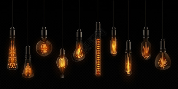 活灯泡挂在电线上的旧灯泡装饰反光具矢量设计在透明背景上安装白丝灯具实事求是的灯泡挂在电线上的老灯泡矢量白丝具设计图片