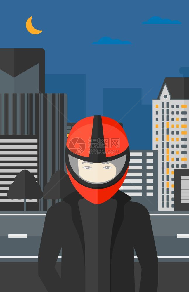 一个穿摩托头盔的亚裔人身着摩托头盔的人身着夜间城市矢量平面设计图的背景垂直布局图片