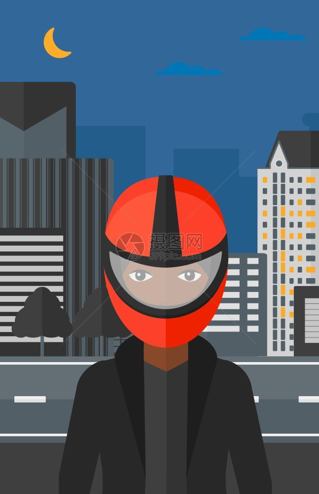 戴头盔的人物夜间建筑背景插画图片