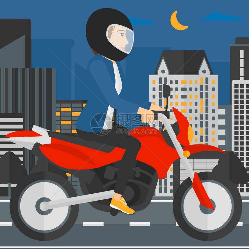 在夜晚的城市街道上骑行的女摩托车手卡通矢量插画图片