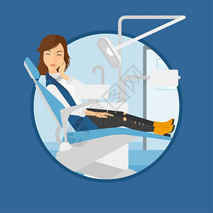 坐在牙科椅上牙疼的妇女卡通矢量插画图片