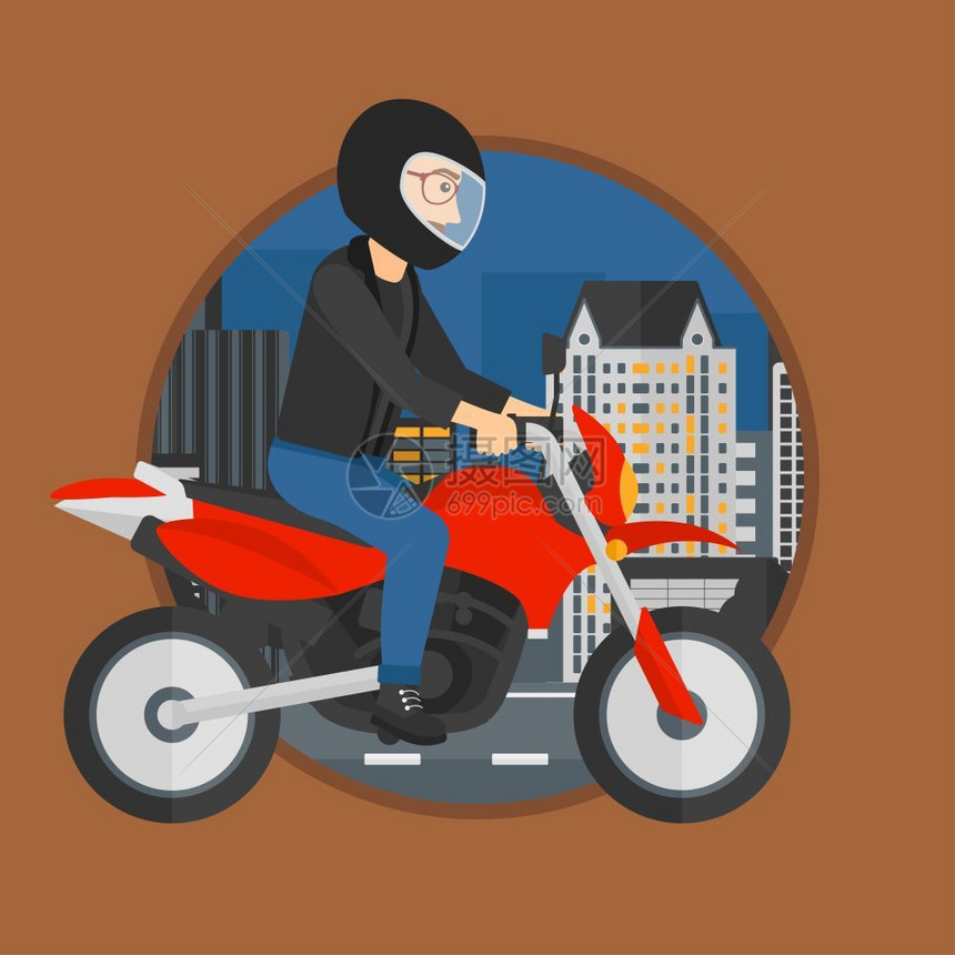 身戴头盔的年轻人骑着摩托车卡通矢量插画图片