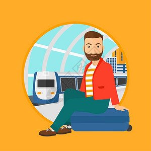 坐在火车站的行李箱上等火车的男子卡通矢量插画背景图片