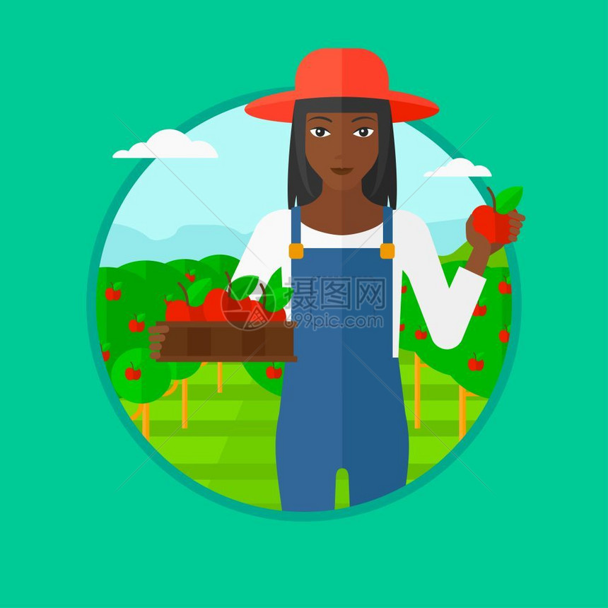 站在果园里手拿着一箱苹果的女农民卡通矢量插画图片