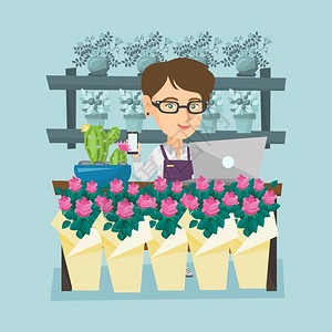 欧洲花店花店柜台后面的雇员插画