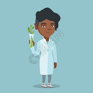 分析测试管中植物的非洲女科学家卡通矢量插画图片