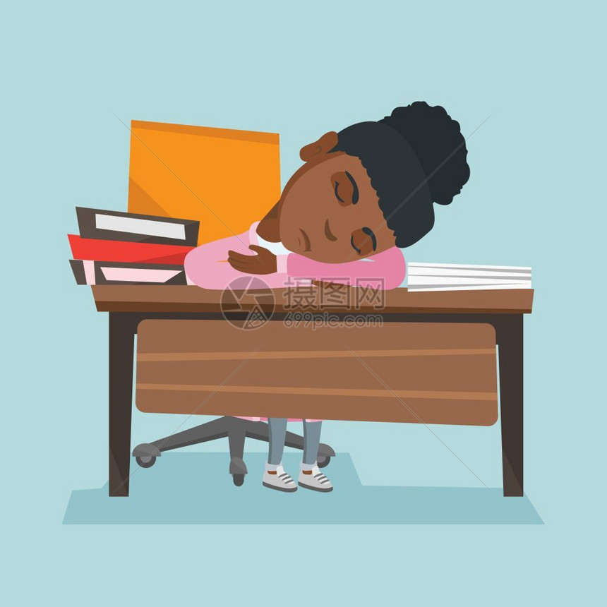 疲劳的非洲美国学生睡在书桌上图片