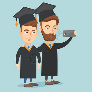 两毕业生自拍穿着毕业服和帽子自拍的毕业生插画