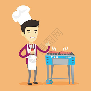 烧烤炉素材一个在烧烤炉上做烤肉的男子插画