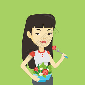 水果沙拉手写字享受新鲜蔬菜沙拉的年轻女人插画