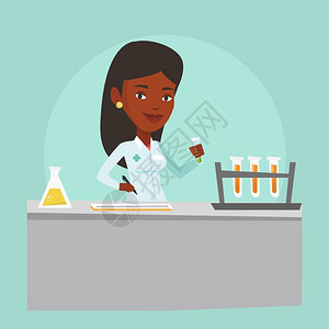 实验室里分析试管中液体的非洲女科学家卡通矢量插画图片