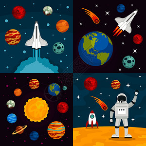 宇航员登上火箭遨游太空着陆星球卡通矢量图图片