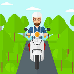 在开车的人森林里正开着摩托在沥青路上悠闲行驶的矢量插图插画