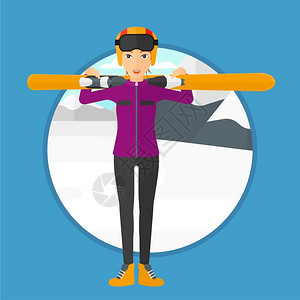 在雪山上扛着滑板的女滑雪运动员卡通矢量插画图片