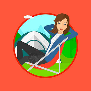 坐在营地的折叠椅上放松的女青年卡通矢量插画图片