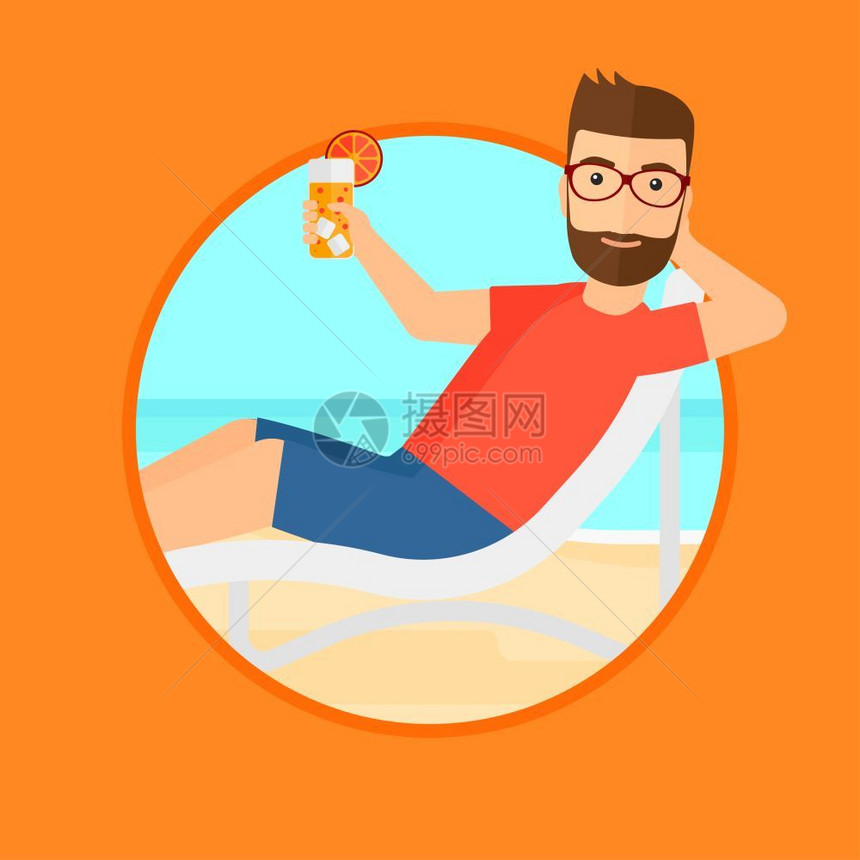 年轻男人在沙滩上放松喝鸡尾酒卡通矢量插画图片