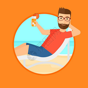 年轻男人在沙滩上放松喝鸡尾酒卡通矢量插画图片