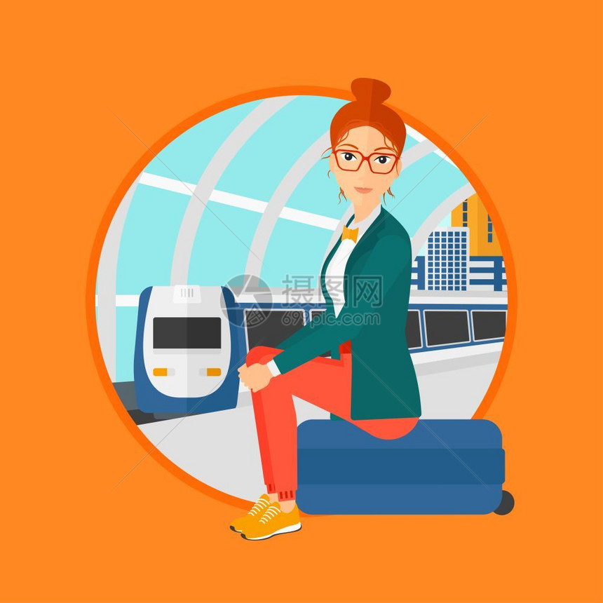 坐在行李箱上等火车的女乘客卡通矢量插画图片