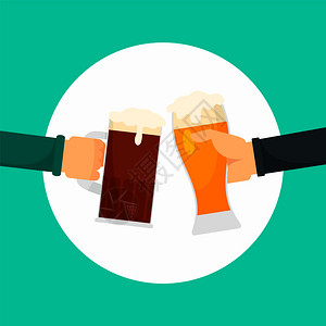 两只啤酒背景的手双只啤酒矢量背景的平面图示用于网络设计两只啤酒背景平面风格的两只啤酒背景手图片