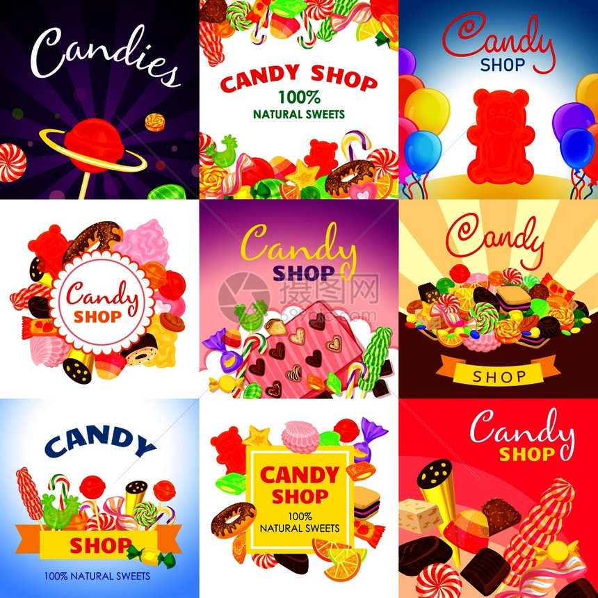糖果横幅套装卡通插图甜蜜糖果矢量横幅集网页设计糖果横幅套装卡通风格图片