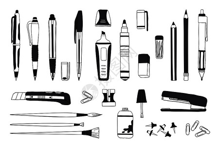 黑色铅笔手绘文具纸笔和油漆工具插画