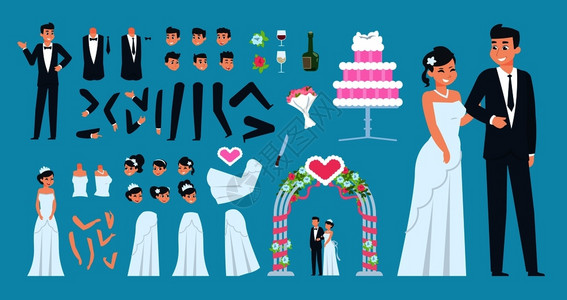 新郎新娘卡通婚礼矢量成套模版背景图片