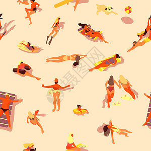 西巴丹潜水卡通夏季海滩上晒太阳休闲娱乐的人们插画