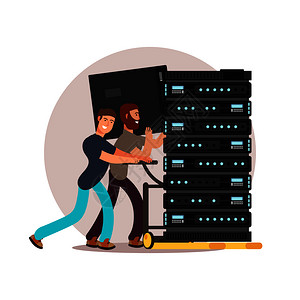 2名男计算机工程师在推动数据库服务器图片
