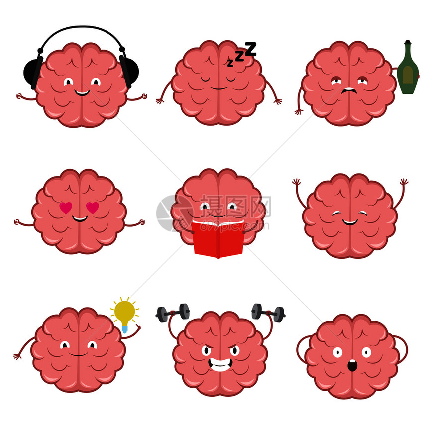 大脑情感传动卡通字符集脑力智能和醉酒插图脑力健壮康和智能大脑情感传动卡通字符集图片