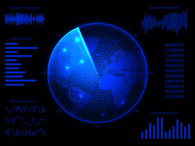 军用蓝色雷达与声纳图表和控制要素的阵列接口虚拟显示矢量屏幕声纳雷达导航监测器界面图解虚拟显示矢量屏幕背景图片