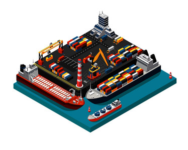 货轮起重机集装箱的港口码头插画图片