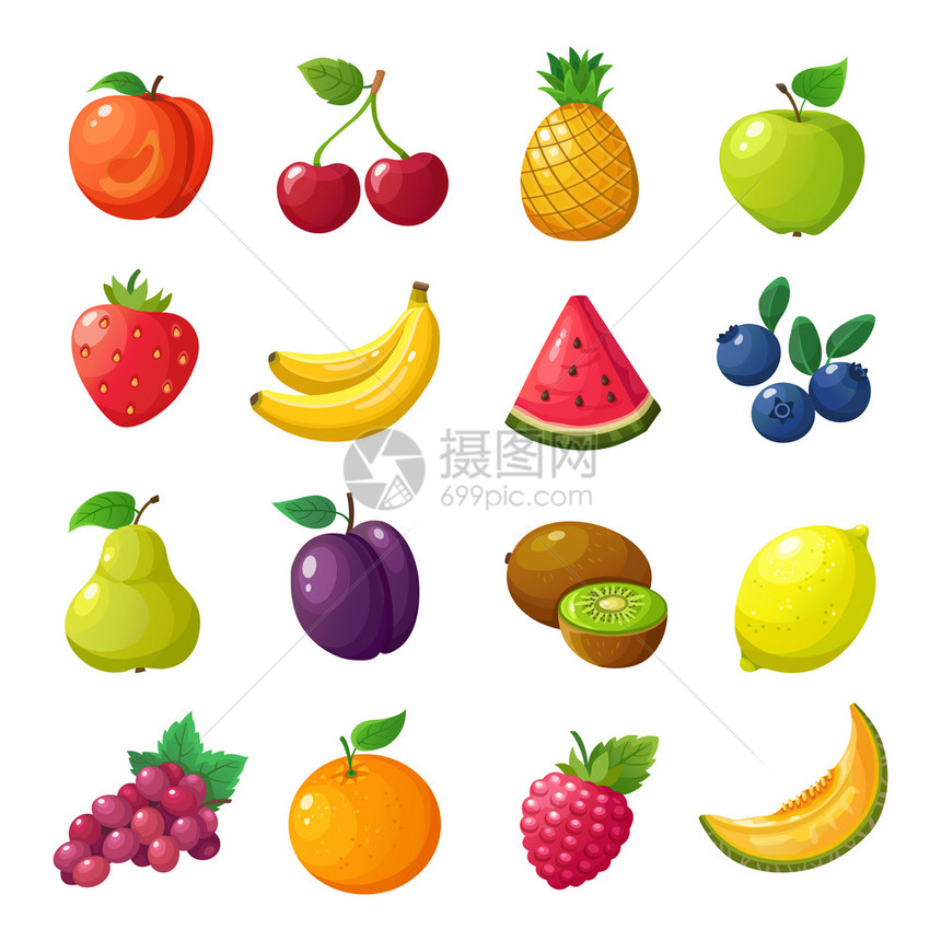 卡通水果桃子樱菠萝苹果西瓜香蕉蓝莓柠檬插图图片