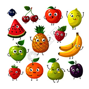 卡通有趣拟人水果香蕉橙和草莓插图图片