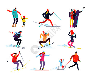 矢量卡通人物冬季雪橇和滑者矢量插画图片