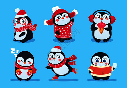 圣诞节可爱小企鹅扁平风卡通矢量插画图片