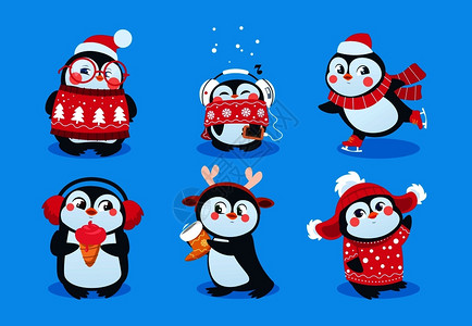 可爱的圣诞企鹅扁平风卡通矢量插画图片