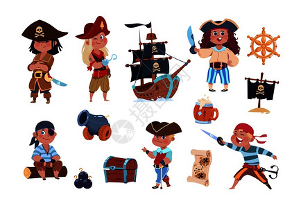 海盗有趣的船长和水手人物船宝矢量元素图片