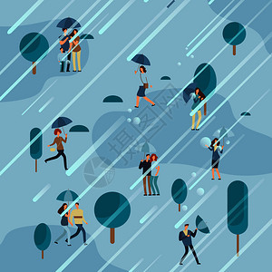 在公园里下雨天打伞的人们矢量插图图片