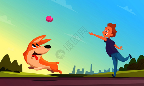 城市公园男孩抛球逗小狗户外快乐矢量插图图片