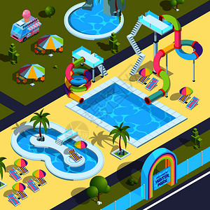 公园躺椅夏季水上乐园水上项目娱乐活动展示图插画