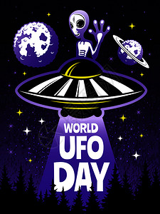 每日鲜果海报用于世界乌弗日的海报概念有趣的外星人图片每日的ufo太空船和外星人矢量说明世界乌弗日的回溯海报概念插画