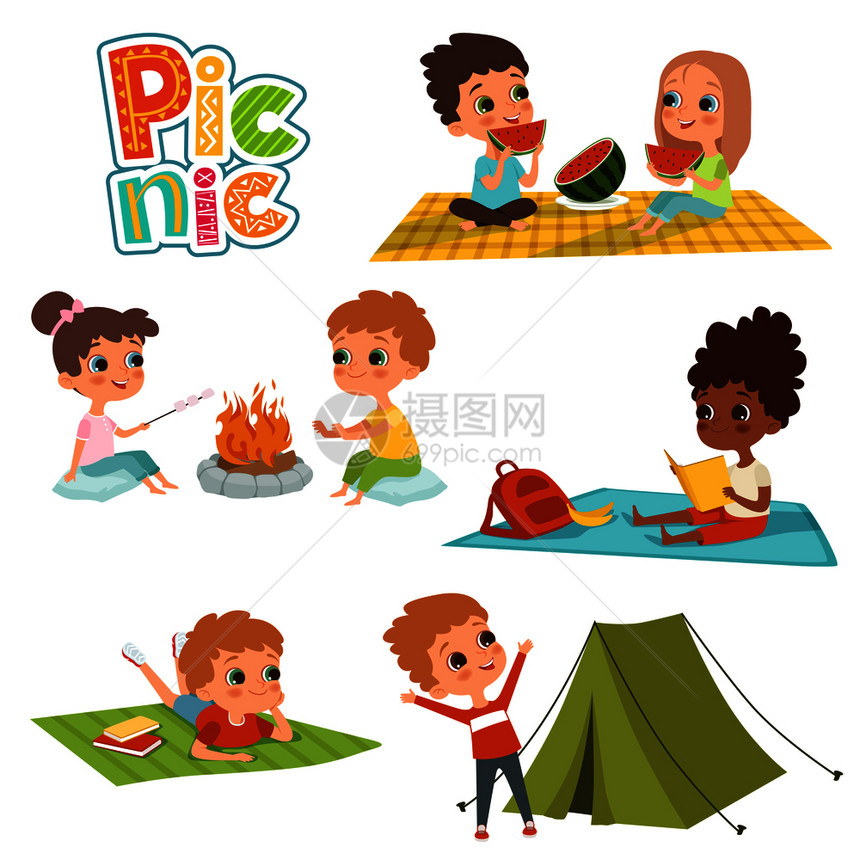 夏季孩子们午餐露营矢量图图片